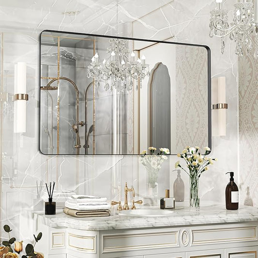 48×30 Black Bathroom Mirror, Rectangular Bathroom Vanity Mirror for Wall with Rounded Corners & Aluminum Alloy Frame, Tempered-Glass, Modern, Farmhouse, Horizontal/Vertical, Entryway, Bedroom