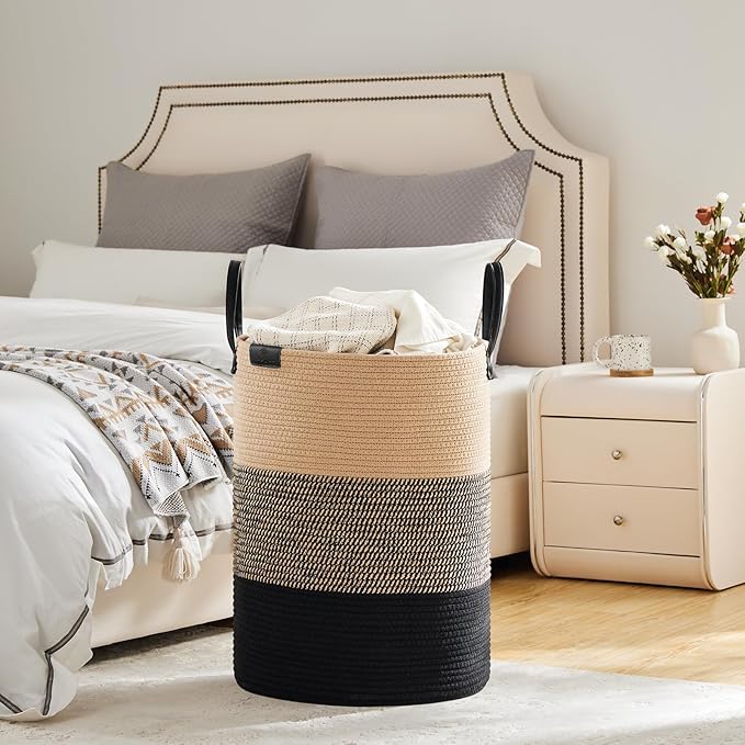 VIPOSCO Tall Laundry Basket, Large Dirty Clothes Hamper with Leather Handle, Woven Rope Storage Basket for Blanket, Toy In Living Room, Bathroom, Bedroom - 100L Brown & Black
