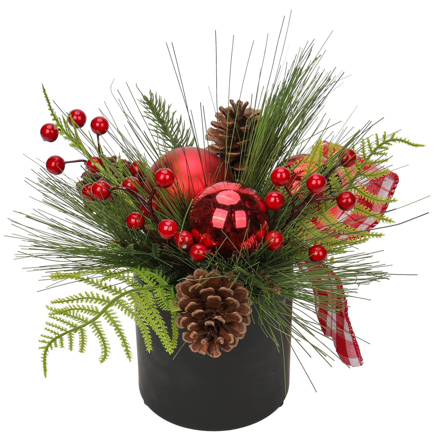 Briful 10 Inch Mini Christmas Tree Artificial Potted with Pinecones Berries and Red Xmas Ball Ribbon Christmas Arrangements Centerpieces Ornaments in 4.7'' Black Ceramic Pot for Home Indoor Table