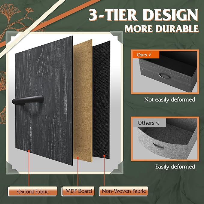 WLIVE Storage Organizer Unit with 11 Fabric Bins, Storage Drawers Organizer with Steel Frame, Tall Storage Tower Organizaton for Living Room, Hallway, Office, Charcoal Black Wood Grain Print