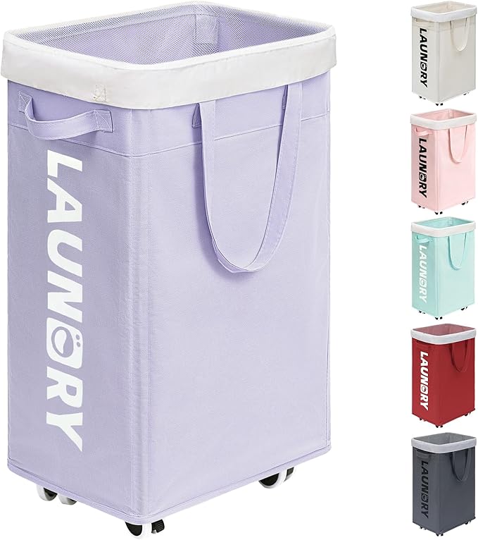 Goodpick Laundry Basket with Wheels,75L Collapsible Laundry Baskets with Removable Wash Bag, Clothes Laundry Hamper on Wheels, Light Purple