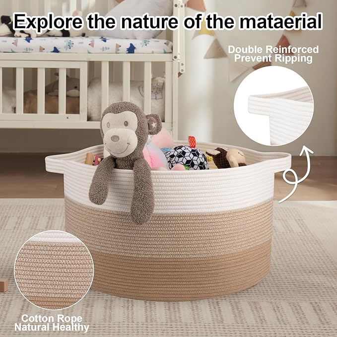 OIAHOMY Extra Large Storage Basket, 23" x 13" Woven Blanket Storage for Living Room, Round Laundry Basket for Pillow-Gardient Light Brown