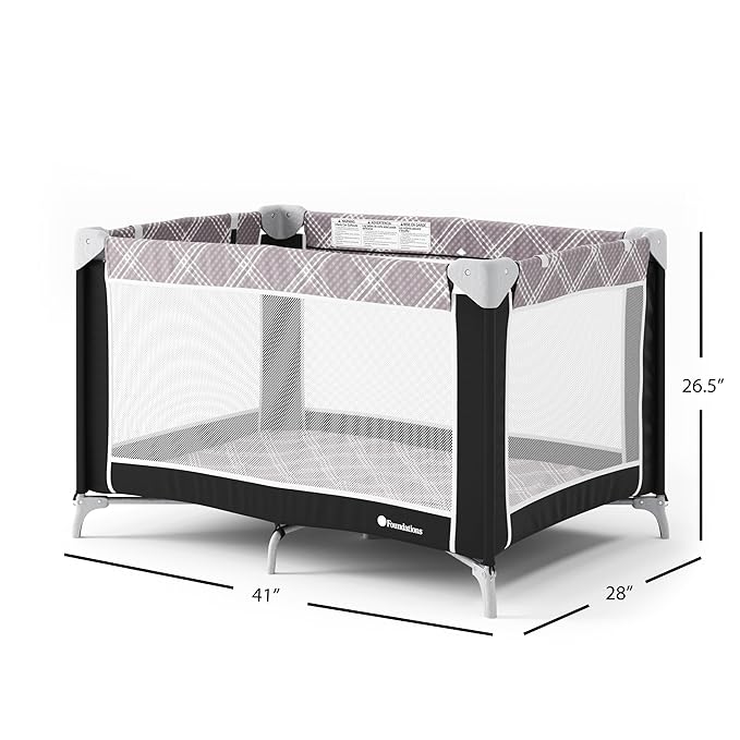 Foundations Sleep 'N Store Baby Pack and Play Yard - Portable Playpen with Removable Bassinet, Foldable Travel Playpen with Storage Bag & Foam Mattress, Designed for Hotels & Daycares- Mod Plaid Gray