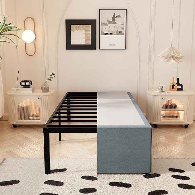 Twin Bed Frames with Fabric Cover 18 Inch, Heavy Duty Metal Bed Frame Twin, No Box Spring Needed, Support Up to 2500 lbs, Easy Assembly, Noise Free, Black