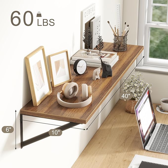 Fun Memories 40 Inch Floating Shelves, 10 Inch Deep Wall Shelf, 40 x 10 Floating Shelf Set of 2, Wood Floating Shelf Wall Mounted, Large Kitchen Living Room Bedroom Storage Shelves, Walnut