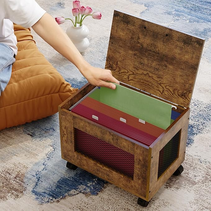 Rolling File Cabinet Cart, Hanging File Organizer Box with Lid for Home Office, Small Filing Cabinet on Wheels Under Desk, Mobile Decorative Document Storage Basket for Letter & Legal Size