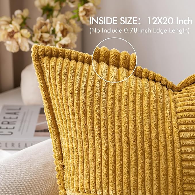MIULEE Decorative Lumbar Throw Pillow Covers for Couch Bed Livingroom 12x20 Inch Set of 2 Fall Mustard Yellow Boho Accent Throw Pllows Broadside Striped Patchwork Soft Corduroy Pillowcases