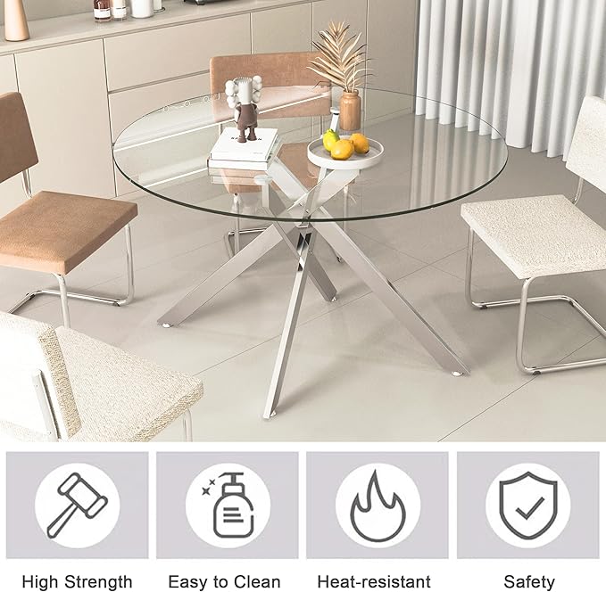 Goujxcy Round Dining Table Set for 4, Modern Glass Kitchen Table and Chairs Set of 4, 5-Piece Dining Room Table Set w/47 Circle Silver Glass Dining Table and 4 Upholstered Velvet Chairs