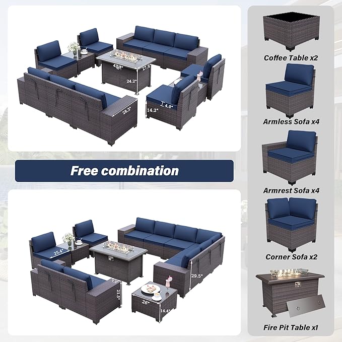 Kurapika 13 Pieces Patio Furniture Set, Rattan Wicker Outdoor Conversation Sets w/43in Propane Fire Pit Table(Navy Blue)