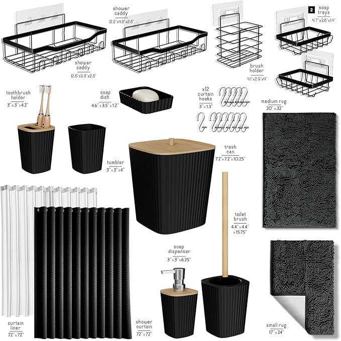 Bathroom Accessories Set with Shower Caddy and Bath Rugs 27PC Bathroom Accessory Set with Shower Caddies Black Bath Rugs, Shower Curtain Set, Toilet Brush, Trash Can, Soap Dispenser, Toothbrush holder