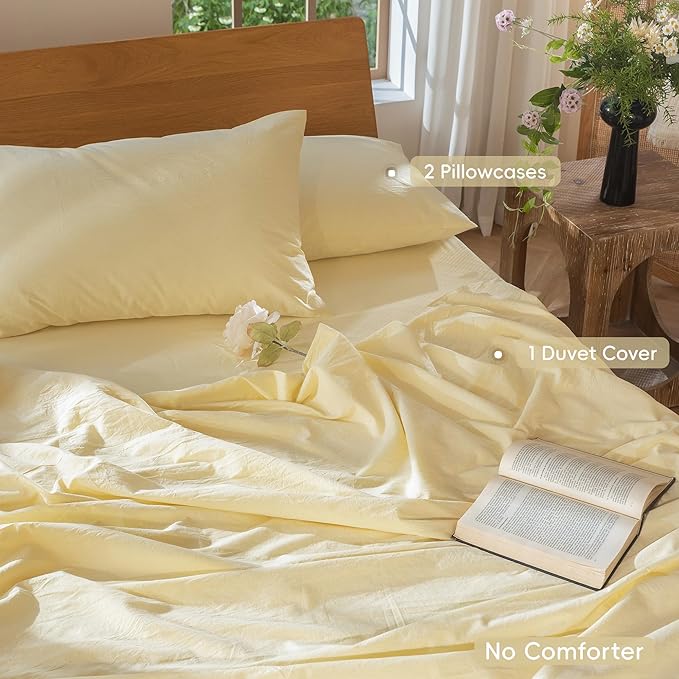MooMee Bedding Duvet Cover Set 100% Washed Cotton Linen Like Textured Breathable Durable Soft Comfy (Heathered Butter Yellow, Oversized Queen 98"x98")