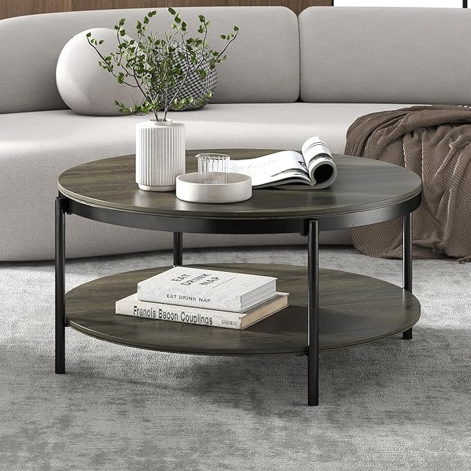 Manora Round Coffee Table with Storage Shelf, Rustic Wood Center Table with Black Metal Frame, Modern Circle Living Room Table for Small Spaces (Gray)