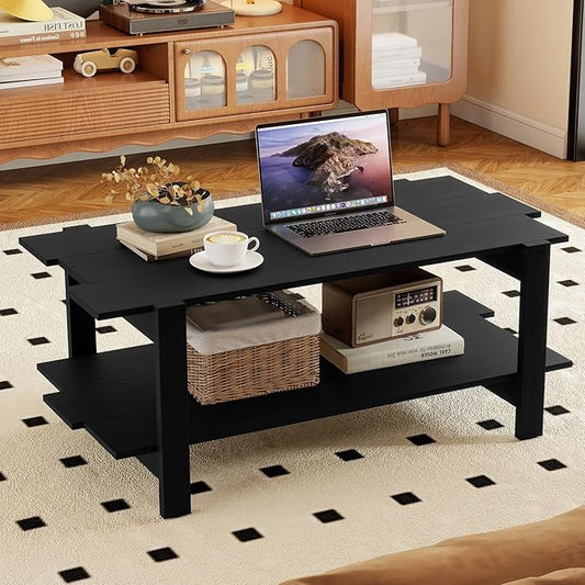 GOFLAME Wood Coffee Table with Storage, 2-Tier Irregular Center Table with Open Storage Shelf, Modern Accent Tea Table for Living Room, Home Office, Reception Room (Black)