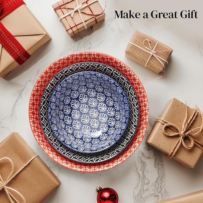 DOWAN Mixing Bowls, Ceramic Mixing Bowls for Kitchen, Colorful Vibrant Nesting Bowls for Cooking, Baking, Prepping, Serving, Salad, Housewarming Gift, Microwave Dishwasher Safe, 3.7/2/1 Qt, Set of 3