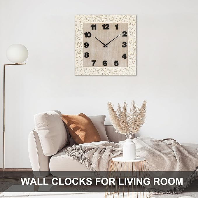 Large Wall Clock Square Living Room Decor Clocks, Numeral Wall Clocks with Battery Operated, Quartz Analog Movement Decorative Wall Clock for Office, Home, Kitchen, 24 Inch White