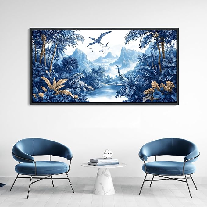 HKDGOKA Vintage Framed Wall Art - Large Landscape Wall Painting Jurassic era dinosaurs Black and White Canvas Print Artwork for Boy Bedroom Living Room Classroom Cool Modern Decor 29x58 IN