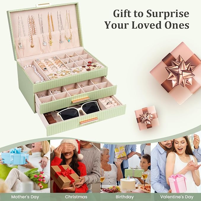 Dajasan Jewelry Organizer Box, Jewellery Boxes for Women, 3-Tier Jewelry Storage Organizer for Earring, Ring, Necklace, Bracelets (Avocado Green)