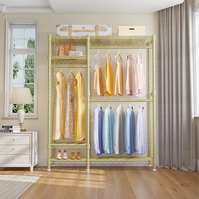 VIPEK V2S Heavy Duty Clothes Rack 4 Tiers Wire Shelving Garment Racks with 3 Hanging Rods Compact Freestanding Closet Metal Closet Rack, Max Load 700LBS, Gold