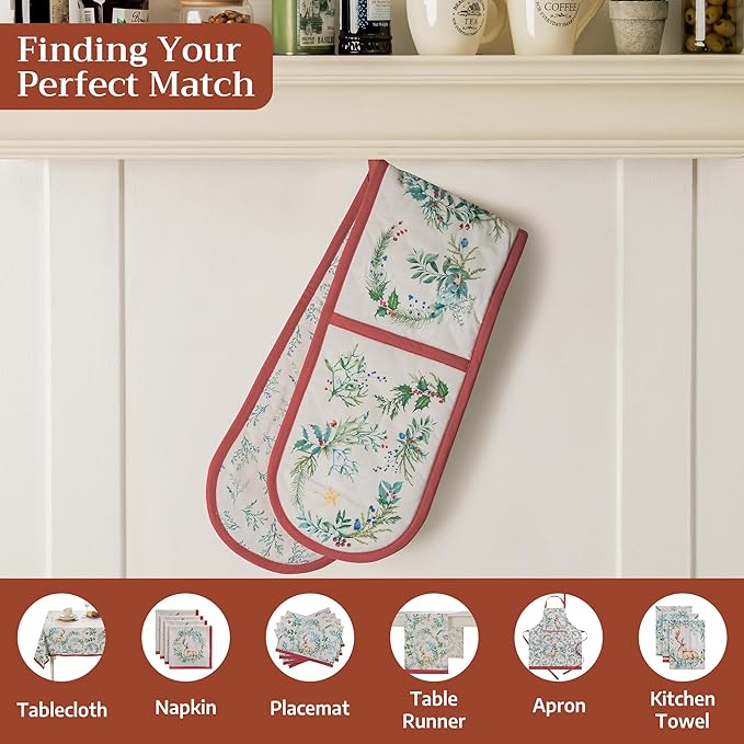 Maison d' Hermine Double Oven Mitt (7" x 35") 100% Cotton Heat Resistant BBQ Cooking Gloves with Loop for Thanksgiving Christmas Decorations Baking Cooking Barbeque Handling Hot Pan (Holly Time)