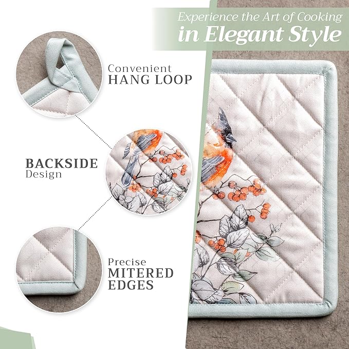 Maison d' Hermine 100% Cotton Oven Mitt & Pot Holder Set (7.5"x13" & 8"x8") Heat Resistant BBQ Cooking Gloves with Loop for Thanksgiving Christmas Decorations Handling Hot Pans (Whitish Shabby Chique)