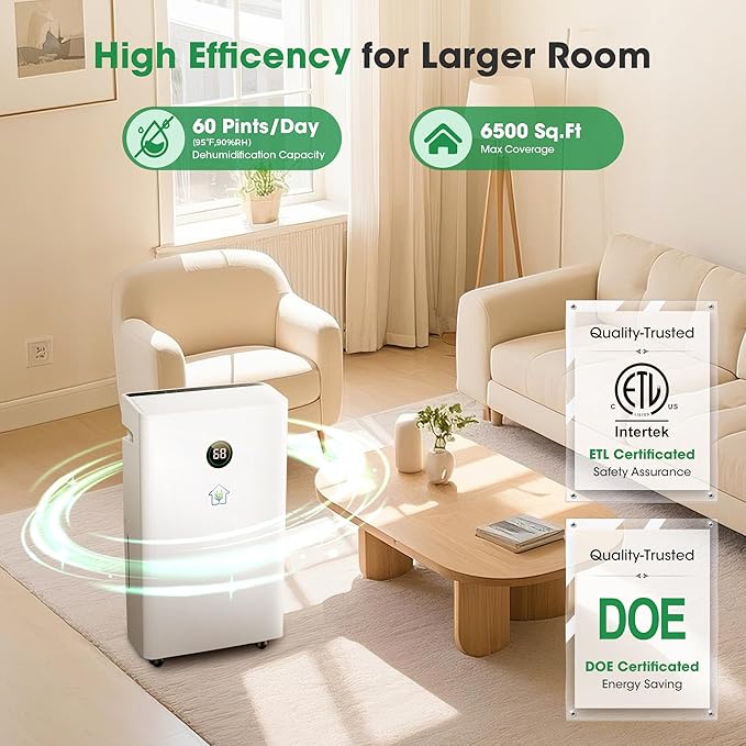 2025 Narrow Dehumidifiers for Home,60 Pints Dehumidifier 6,500 Sq.Ft with 186 OZ Water Tank & Drain Hose for Basement, Bathroom, Bedroom – Smart Humidity Control, 3 Modes, Dry Clothes, 24H Timer