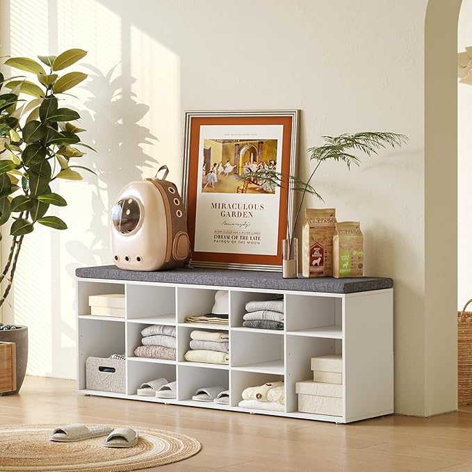 DINZI LVJ Shoe Storage Bench with Cushion, 15-Cubby Shoe Rack, Adjustable Shelves, Long Shoe Organizer Bench for Entryway, Mudroom, Hallway, Living Room, Bedroom and Garage, White