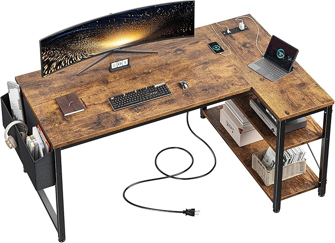 EnHomee 48 Inch L Shaped Gaming Desk, Computer Desk with Storage Shelves & Side Bag, Office Desk with Power Outlets, Small Corner Desk for Small Space Home Office Bedroom, Study Writing Table, Brown
