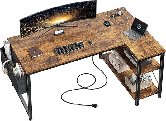 EnHomee 48 Inch L Shaped Gaming Desk, Computer Desk with Storage Shelves & Side Bag, Office Desk with Power Outlets, Small Corner Desk for Small Space Home Office Bedroom, Study Writing Table, Brown