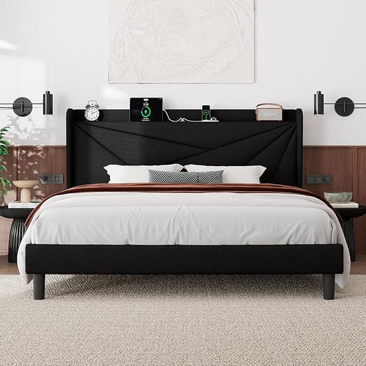 Feonase King Size Bed Frame with Charging Station, Linen Upholstered Platform Bed Frame with Wingback Storage Headboard, Solid Wood Slats Support, No Box Spring Needed, Noise Free, Black