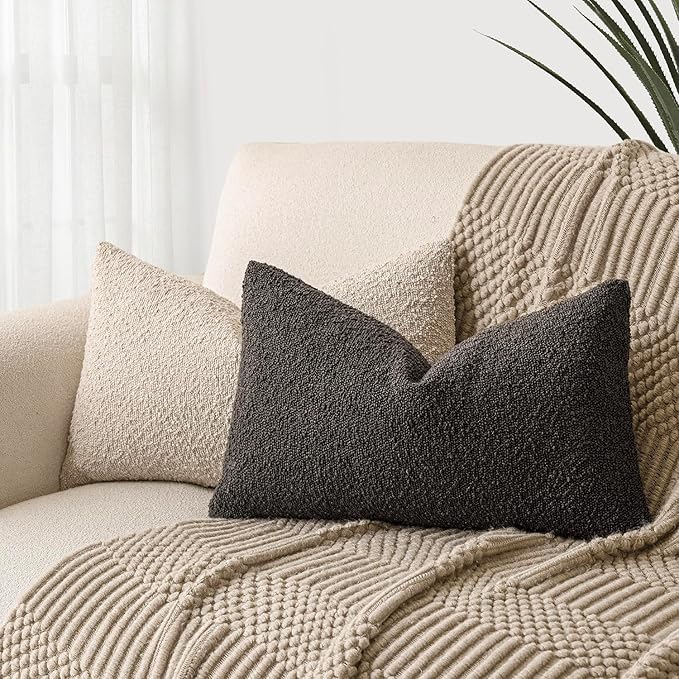 Foindtower Pack of 2 Textured Boucle Throw Pillow Covers Accent Solid Decorative Lumbar Pillow Cases Cozy Couch Cushion Case for Sofa Living Room Home Decor, 12 x 20 Inch,Dark Brown