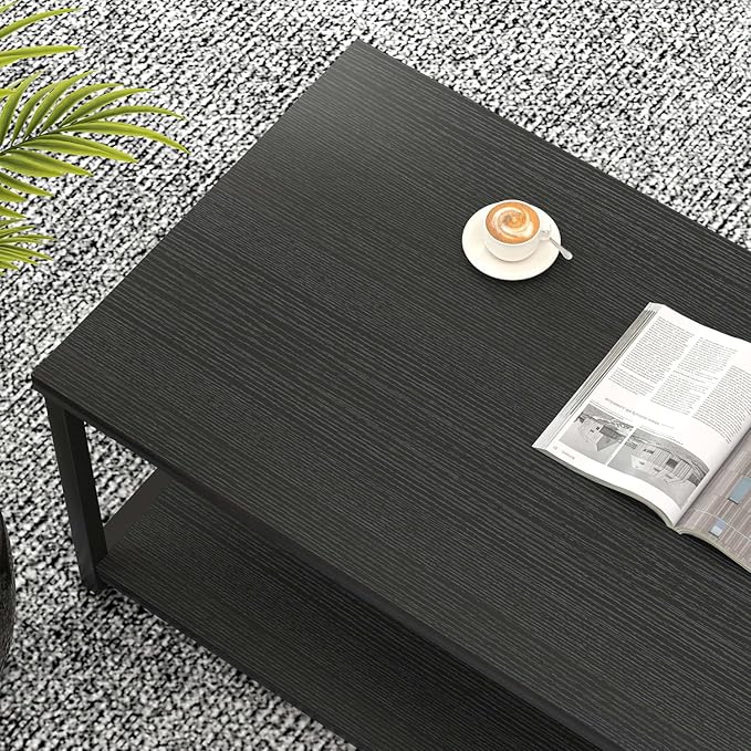 EXCEFUR Small Coffee Table, Modern Living Room Tables with Storage Shelf, Rustic Wood Rectangle Center Table, 2 Tier Wooden Low Cocktail Tea Table for Small Spaces, 39.3 Inch Black Oak