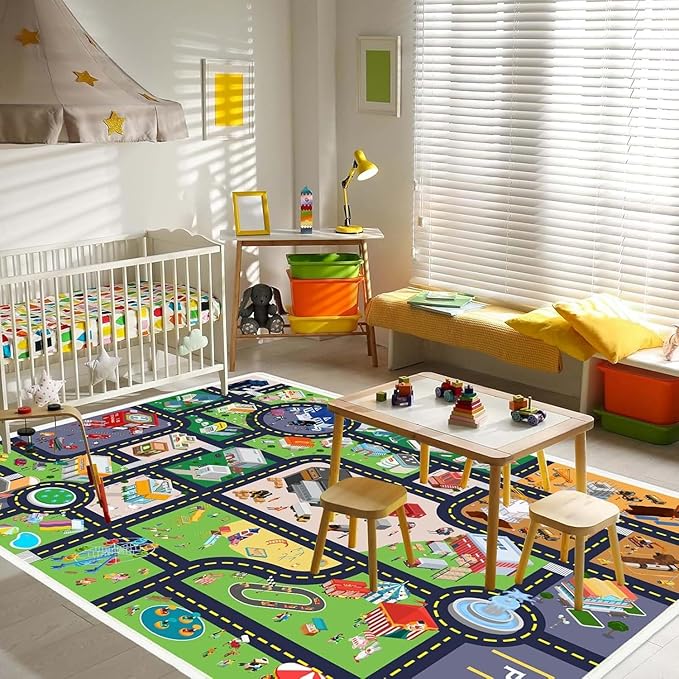 Kids Rug Playroom Car Rug Play Mat City Life Road Rug for Cars Fun City Map for Track Toys,Carpet for Bedroom Boys (city01, 3.3×4.9ft/39×59in)
