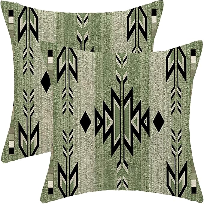 Boho Sage Green Carpet Throw Pillow Covers 18x18 Set of 2, Rustic Tribal Decorative Throw Pillow Covers Antique Sage Green Linen Outdoor Cushion Cover for Sofa Couch Farmhouse Decor