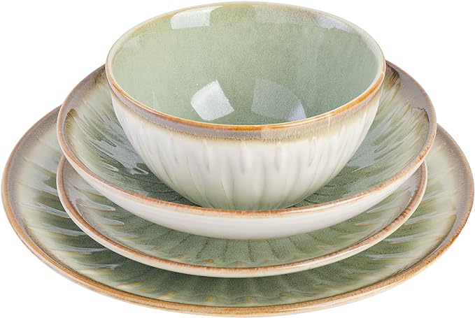 Gibson Elite Mayfair Bay Embossed Double Bowl Dinnerware Set, Service for 4 (16pcs), Green