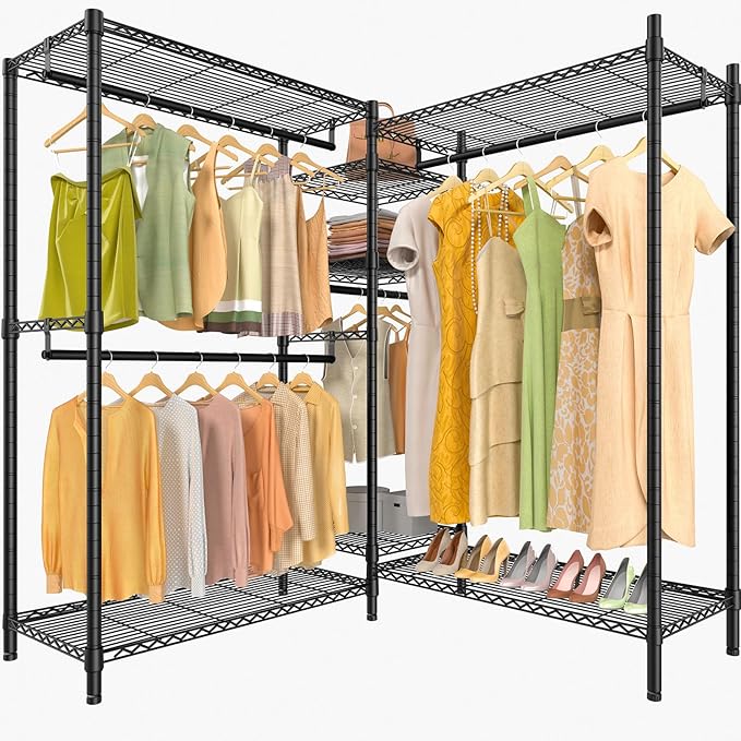 VIPEK L6 Plus Garment Racks Heavy Duty Clothes Rack Corner Closet Racks L Shaped Clothing Rack for Hanging Clothes, 5-Tier Freestanding Closets with 7 Adjustable Shelves, Max Load 1200LBS, Black