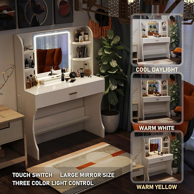 Vanity Desk, Makeup Vanity with Mirror and Lights, White Makeup Vanity Table with Big Drawer, Power Outlet, Stronger Links, for Bedroom, Dressing Room