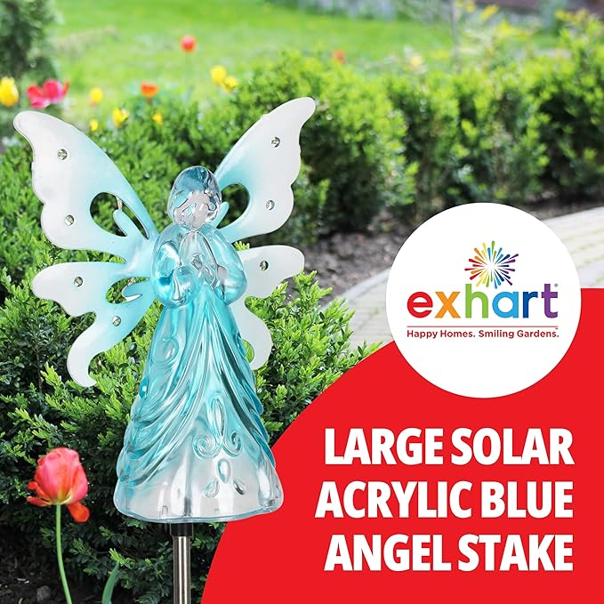 Exhart Garden Solar Lights, Decorative Angel Garden Stake, 13 LEDs, Cute Yard and Pathway Decor, Blue, 7 x 40 Inch