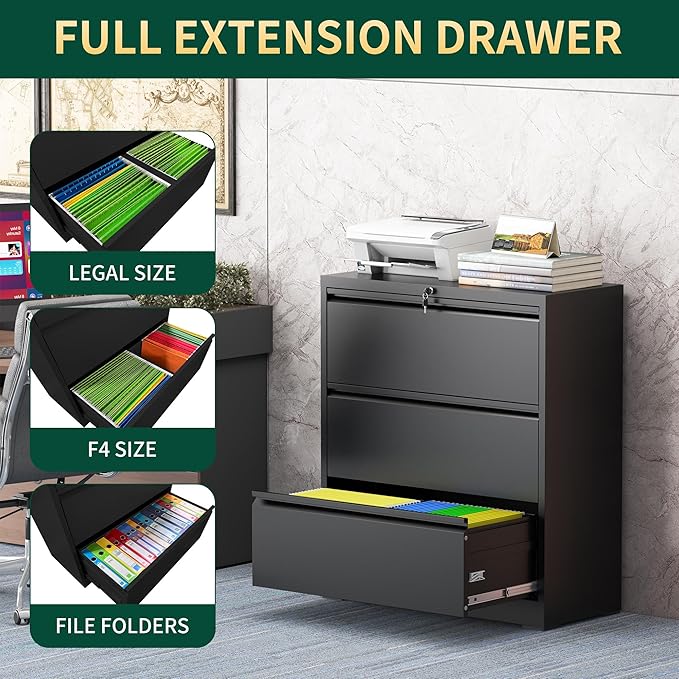 3 Drawer Lateral File Cabinet with Lock, Metal File Cabinets for Home Office, Steel Heavy-Duty Filing Storage Cabinet for Letters/Legal/A4 (Require Assembly, Black)