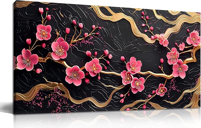 CANEITO Flower Wall Art for Bedroom, Plum Blossom Tree Canvas Wall Decor for Living Room, Red Black and Gold Picture Print Artwork for Office, Size 40 x 20 Inches