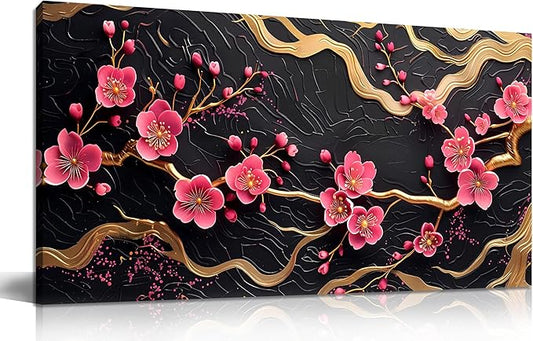 CANEITO Flower Wall Art for Bedroom, Plum Blossom Tree Canvas Wall Decor for Living Room, Red Black and Gold Picture Print Artwork for Office, Size 40 x 20 Inches