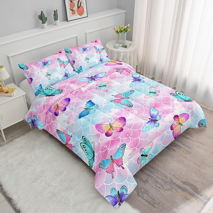 Kids Comforter Set Mermaid Scale Butterfly Printed Pattern Bedding Set with 1 Comforter and 2 Pillowcases for Girls Boys Bedroom All Season(Mermaid Full)