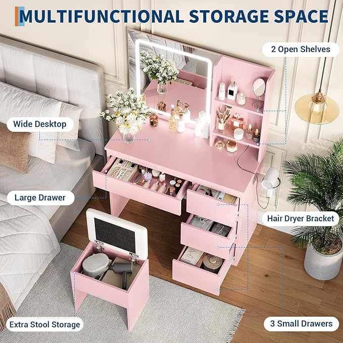 Vanity Desk with Mirror and LED Light, Vanity Desk with 4 Drawers, Power Outlet, Storage Stool, Storage Shelves & Hair Dryer Holder, Adjustable 3 Lighting Mode, Makeup Vanity Set for Bedroom, Pink