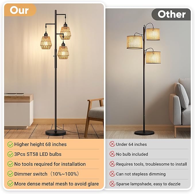 QiMH Farmhouse Floor Lamps for Living Room, Industrial Standing Lamp with 3-Lights Boho Rattan Shades, 68" Modern Rustic Tree Tall Lamps for Bedroom Office, Rotary Switch, 3 LED Bulbs Included
