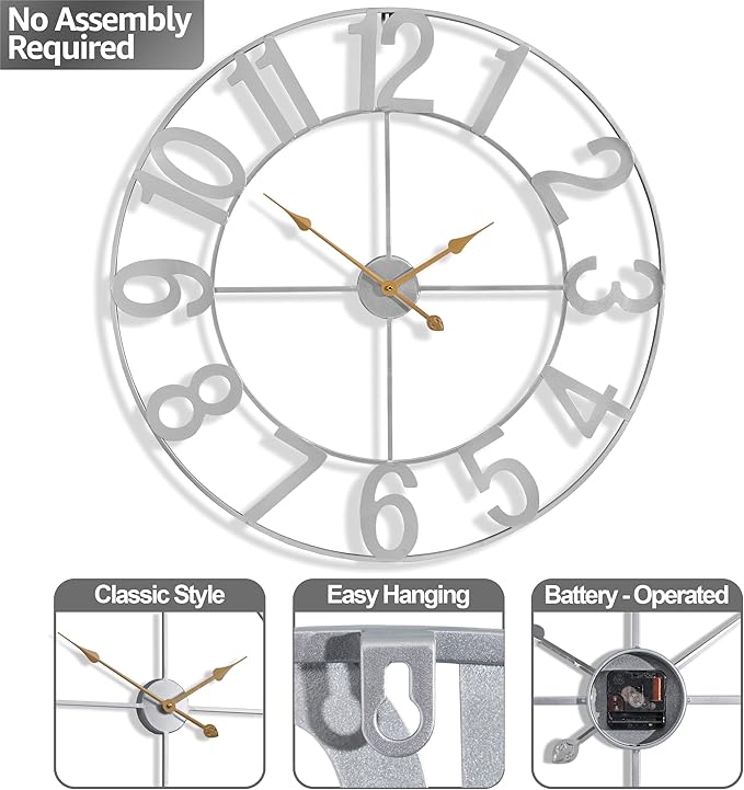 Sorbus 32-Inch Large Wall Clock – Decorative Silver Metal Clock with Gold Hands – Silent, Battery Operated, Modern Wall Decor for Living Room, Kitchen, or Office, Great Gift for Housewarming or Office