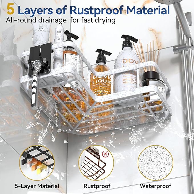 YASONIC Corner Shower Caddy Organizer, 3-Pack Self-Adhesive Rustproof Bath Shelves with Soap Holder & 4 Hooks, Large Capacity Shower Storage Rack for Bathroom Organization, White