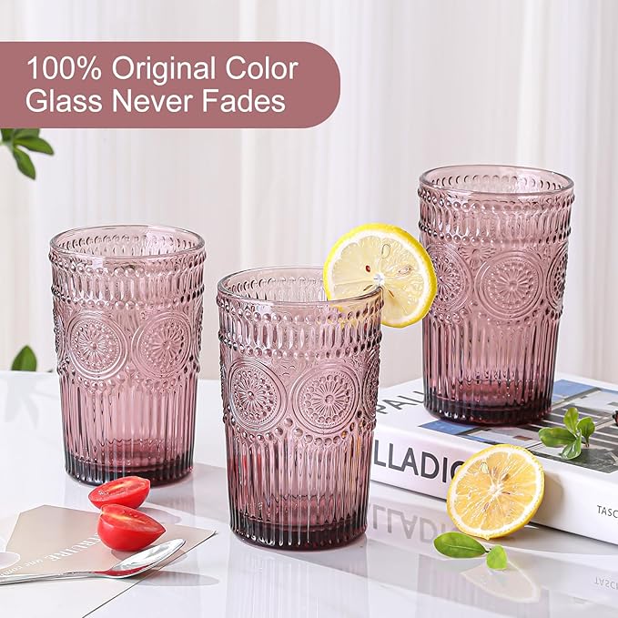 Vintage Glassware Drinking Glasses Set of 6,13 oz Purple Textured Flower Design Glass Water Tumblers，Embossed Striped Drinkware for Water,Cocktails,Juice,Iced Coffee