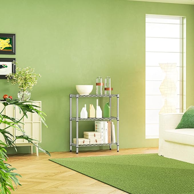 IZEUK 3 Tier Heavy Duty Steel Storage Shelves, Metal Shelf Wire Shelving Rack for Pantry, Kitchen, Cloakroom or Office Organization (11.8" D x 25.6" W x 31.5" H, 750LBS, Chrome)