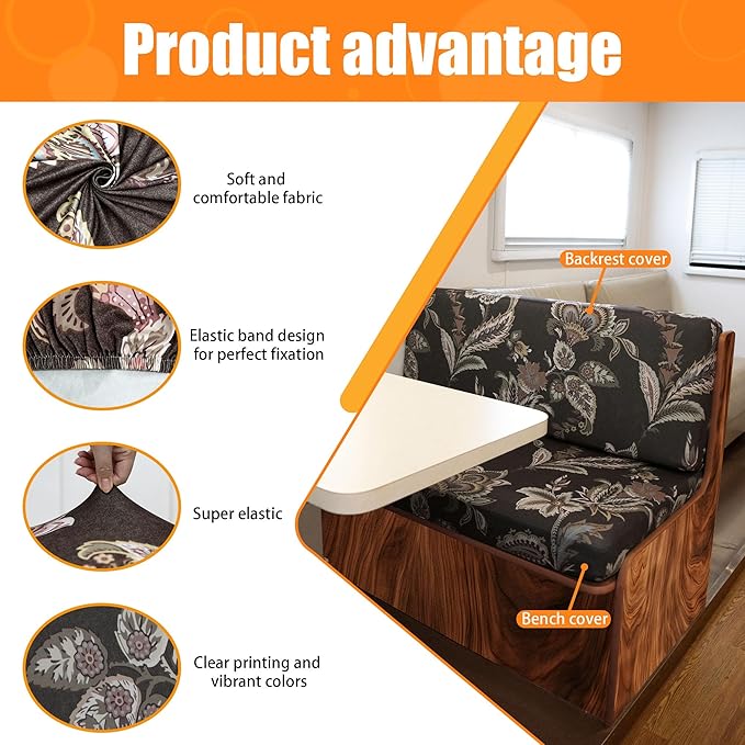 Rv Dinette Cushion Covers,Printing Stretchable Camper Cushion Cover,RV Cushion Slipcover,Rv Couch Cover Replacement for RV Camper Car Bench,2 Backrest Covers and 2 Bench Covers (Grayish Brown)