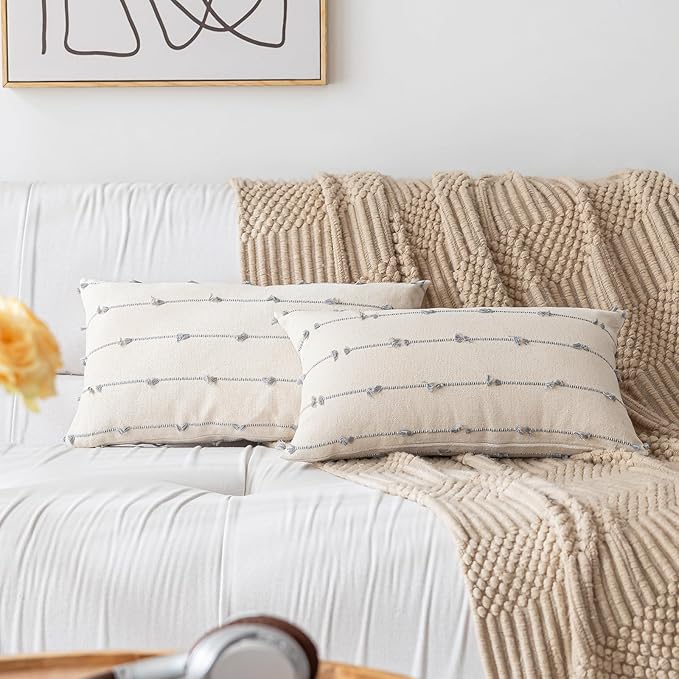 Boho Throw Pillow Covers 12x20 Set of 2 Modern Farmhouse Decorative Cushion Case Tufted Linen Square Pillows Cover Neutral Pillow Cases Accent Pillowcase for Sofa,Couch,Bed,Beige and Grey