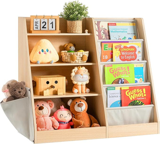 4 Tier Kids Wooden Bookshelf with Extra Pocket, Baby Toddler Bookshelf and Toy Storage Organizer with Four Layer Sling Bookcase for Kids Room Playroom Nursery Classroom
